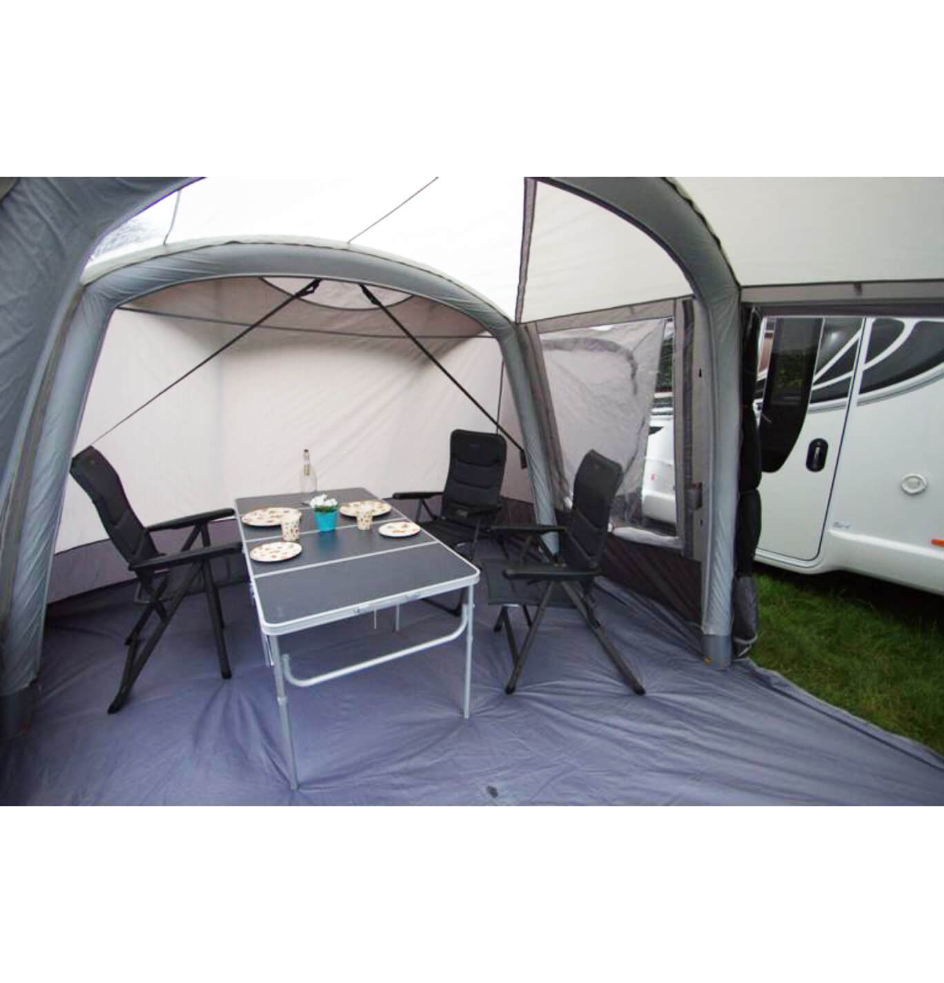 Inside the Galli awning with furniture pitched