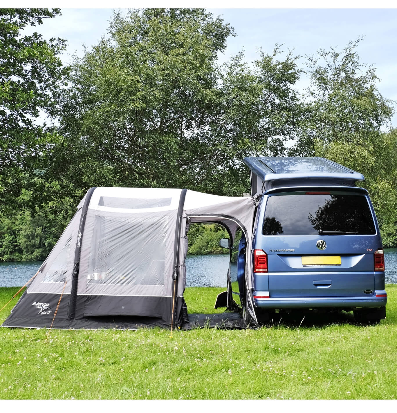 Side view of the Vango Kela attached to a VW camper