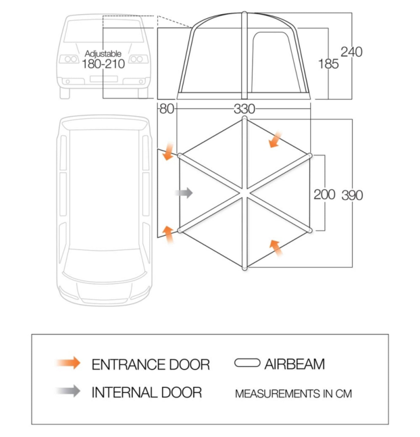 Dimensions of the vango hexaway low drive away awning and floor plan