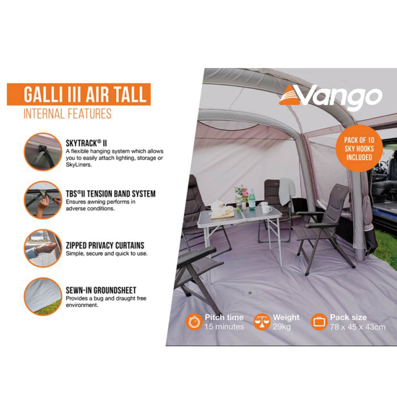 internal features of the galli drive away awning