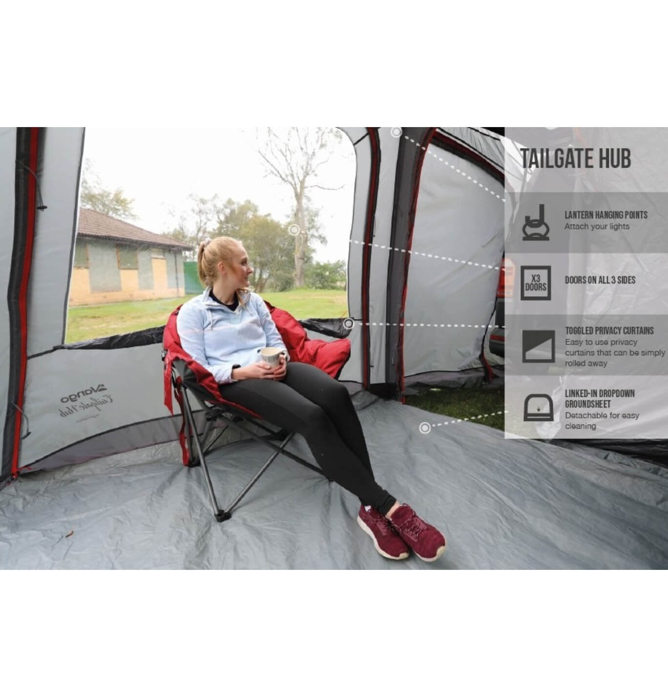 Indoor features of the tailgate hub with someone sitting in the tent